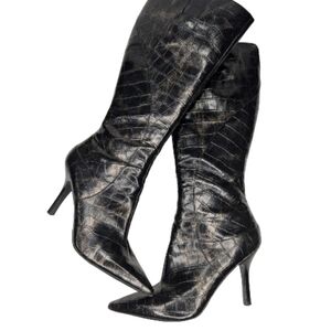 🖤 Nine West Black Croc Embossed Knee-High Boots | Size 10 Pointed Toe Stiletto